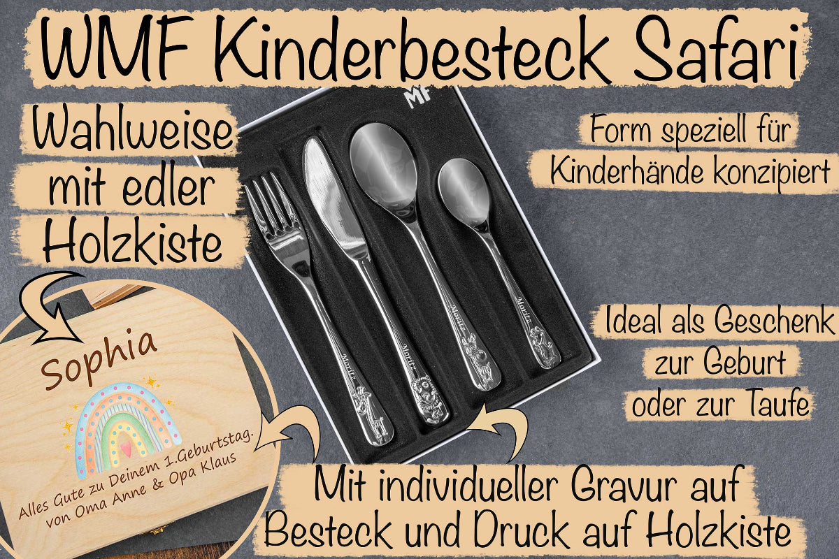 WMF Kinderbesteck Safari mit bunter Holzbox und mit Gravur