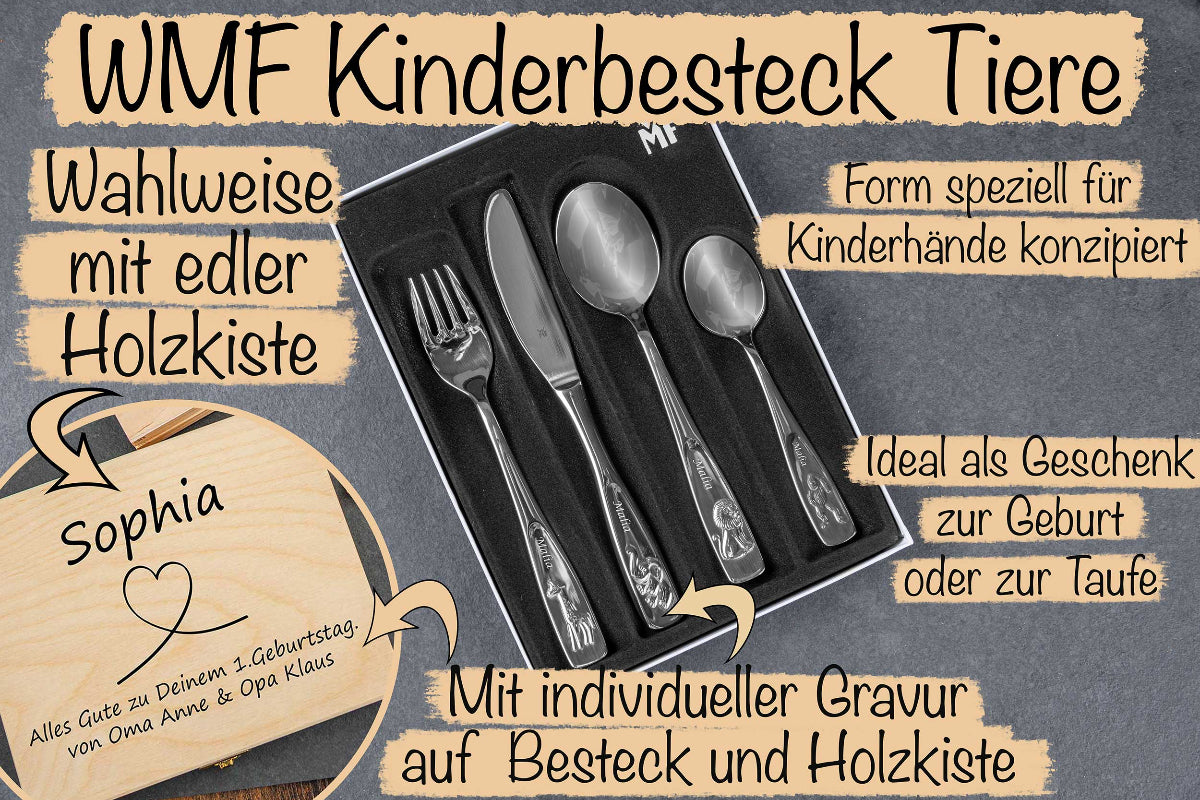 WMF Kinderbesteck Tiere mit Holzbox und Gravur