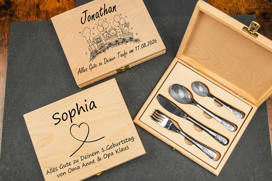 WMF Kinderbesteck Safari mit Holzbox und mit Gravur