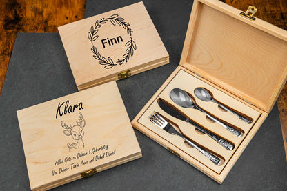 WMF Kinderbesteck Safari mit Holzbox und mit Gravur