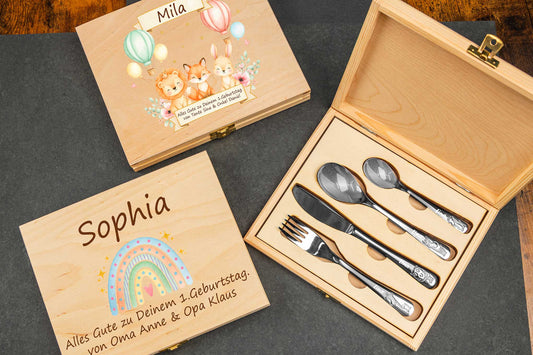 WMF Kinderbesteck Safari mit bunter Holzbox und mit Gravur