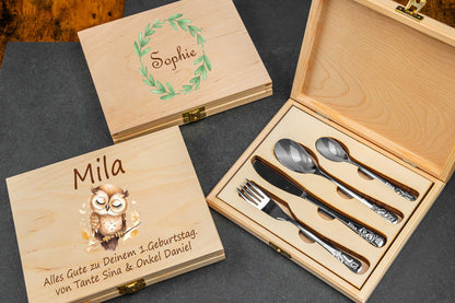 WMF Kinderbesteck Safari mit bunter Holzbox und mit Gravur