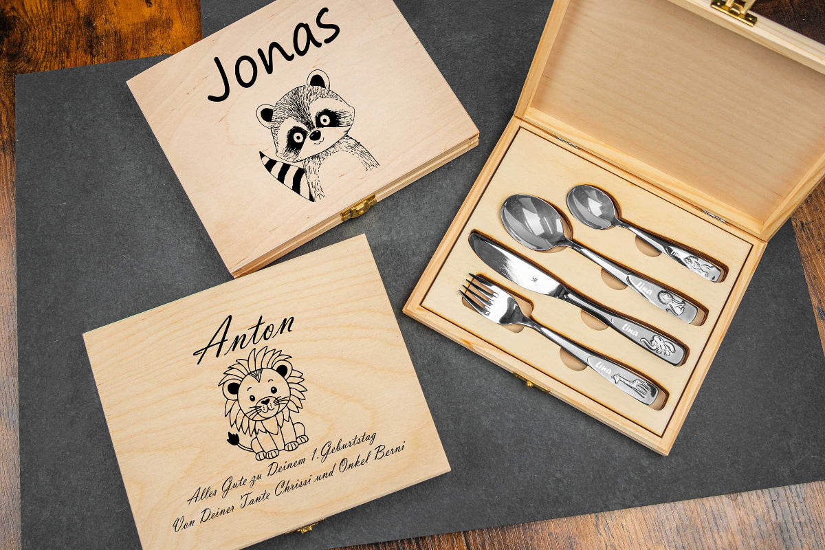 WMF Kinderbesteck Tiere mit Holzbox und Gravur