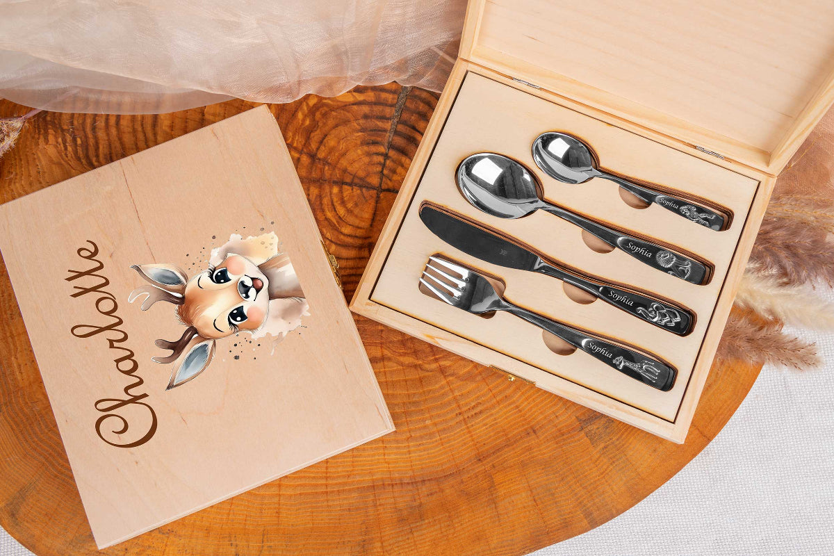 WMF Kinderbesteck Tiere mit bunter Holzbox und Gravur