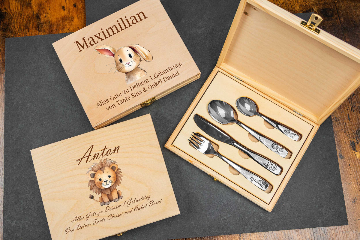 WMF Kinderbesteck Tiere mit bunter Holzbox und Gravur