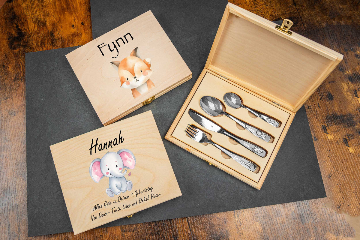 WMF Kinderbesteck Tiere mit bunter Holzbox und Gravur