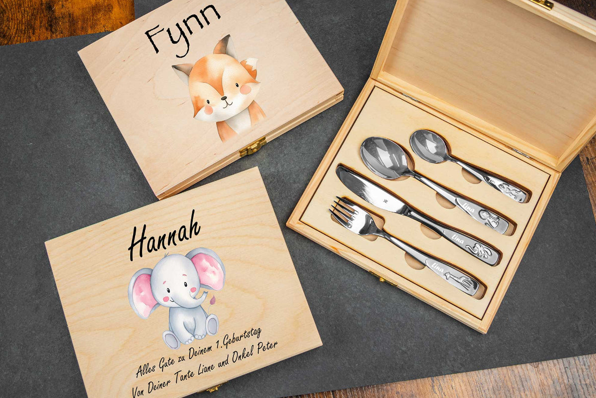 WMF Kinderbesteck Tiere mit bunter Holzbox und Gravur