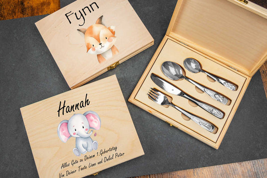 WMF Kinderbesteck Tiere mit bunter Holzbox und Gravur