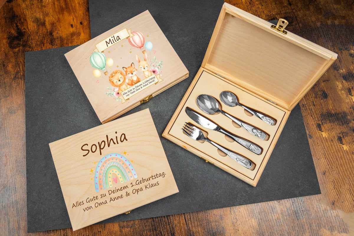 WMF Kinderbesteck Tiere mit bunter Holzbox und Gravur