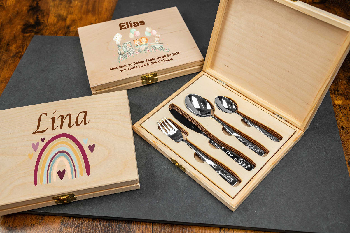 WMF Kinderbesteck Tiere mit bunter Holzbox und Gravur