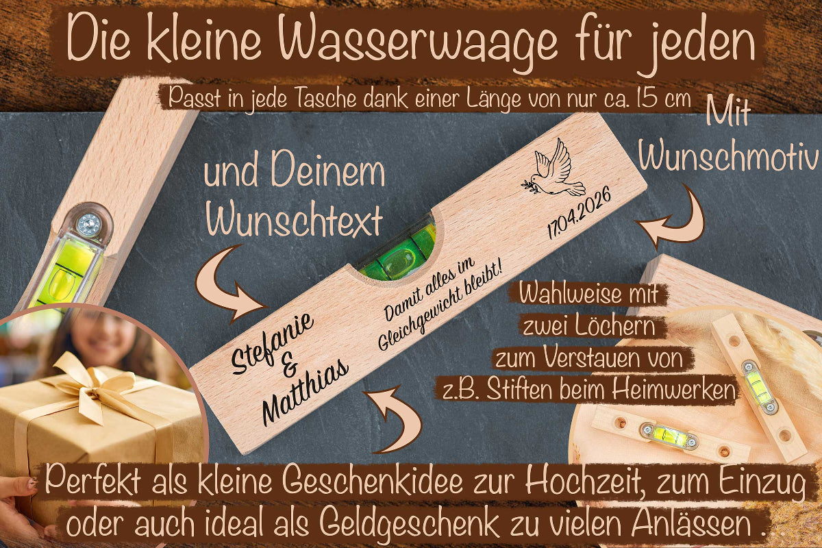 Personalisiertes Hochzeitsgeschenk mit Deiner Wunschgravur - Mini-Wasserwaage