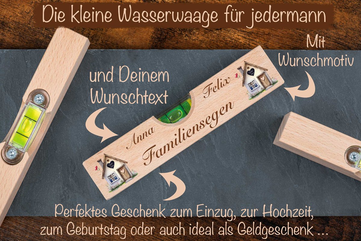 Wasserwaage personalisiert mit Deinem Wunschtext - ideal zum Einzug oder zur Hochzeit