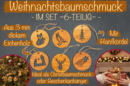 Weihnachtsanhänger im Set aus Eichenholz - Christbaumschmuck 6-teilig