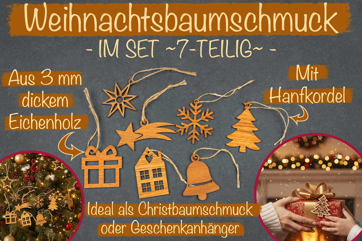 Weihnachtsanhänger im Set aus Eichenholz - Christbaumschmuck 7-teilig