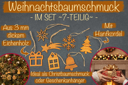Weihnachtsanhänger im Set aus Eichenholz - Christbaumschmuck 7-teilig