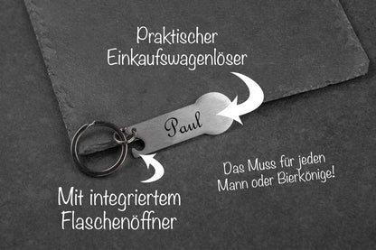 Schlüsselanhänger personalisiert mit Einkaufswagenchip und Flaschenöffner in Einem