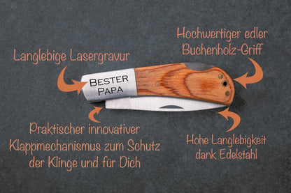Taschenmesser personalisiert aus Edelstahl mit Buchenholz-Griff